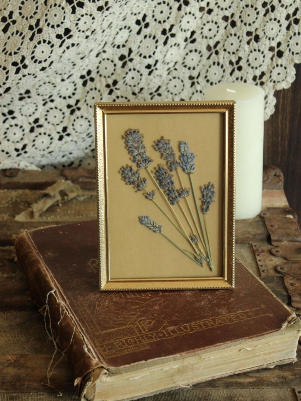 Framed Pressed Dried Flower, Lavender in Vintage Gold Metal Frame, Purple Homegr